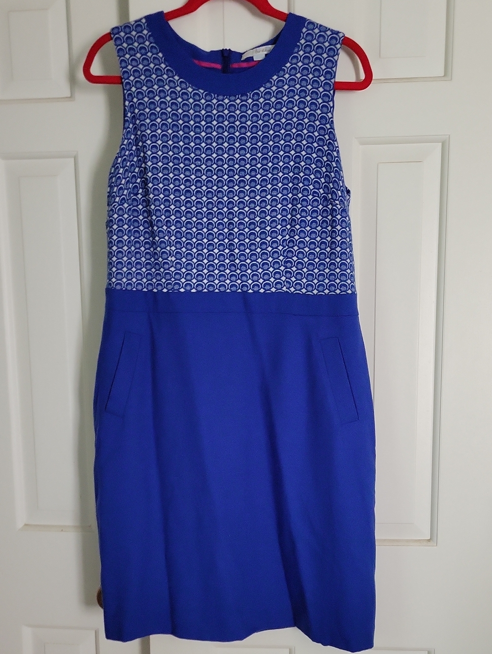 Boden Royal Blue Sleeveless Patterned Shift Dress Wool Blend Sz 12 British Style